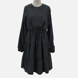 Udel New York Gingham Tiered Skirt Tie Waist Dress in Blue - Size Medium